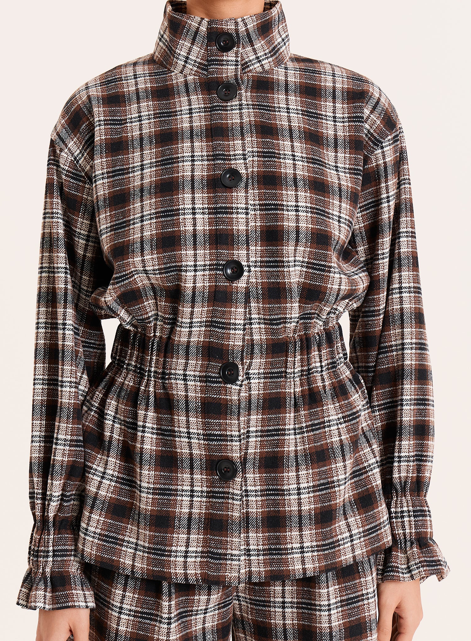 Brown Check Funnel Neck Cinched Waist Jacket